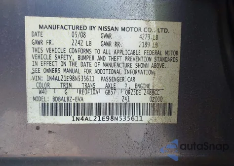 2008 Nissan Altima 2.5 S z USA, uszkodzony, nr VIN 1N4AL21E98N535611